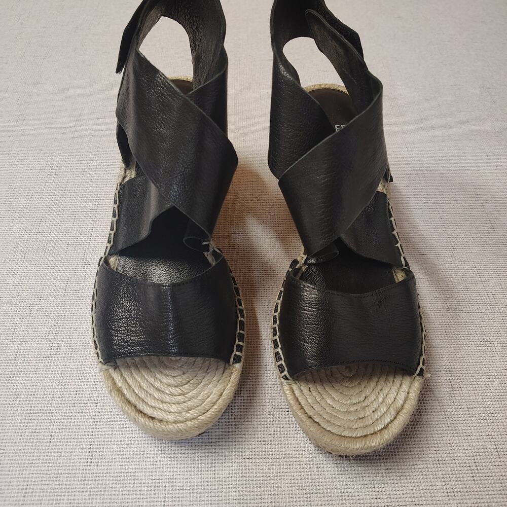 Eileen Fisher Espadrille Sandals Womens 6 Black Leather Platform Wedge